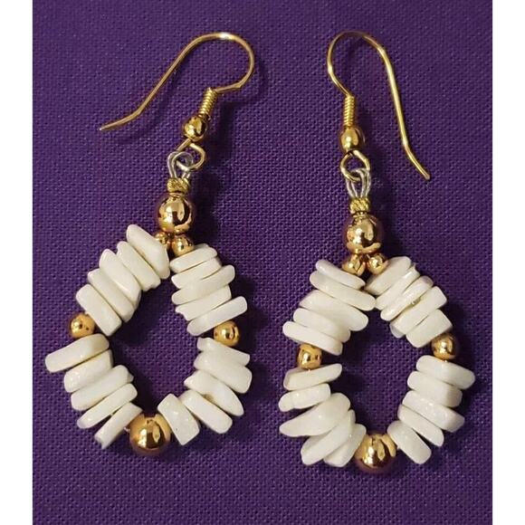 Shell Chip Dangle Hoop Earrings, Bright White Polished Smooth, Gold Tone Accents - Picture 1 of 9